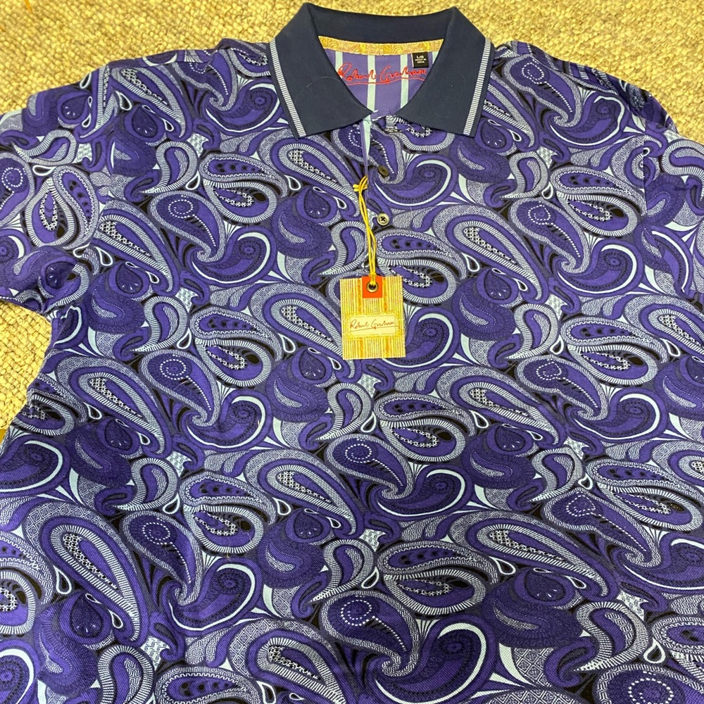 NWT Robert Graham Blue and White Paisley Polo Shirt